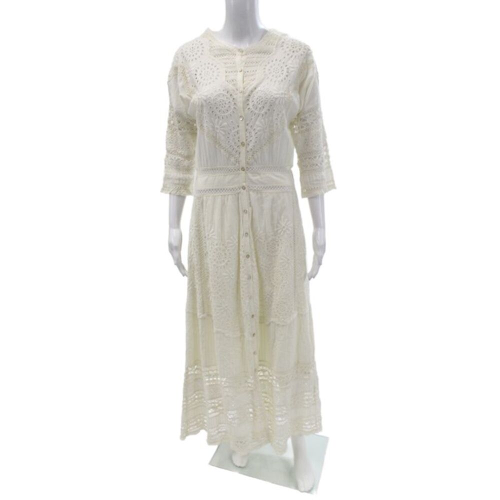 Love Shack Fancy Women Maxi Dress Ivory Cotton 3/4 Sleeve Round Neck Size M